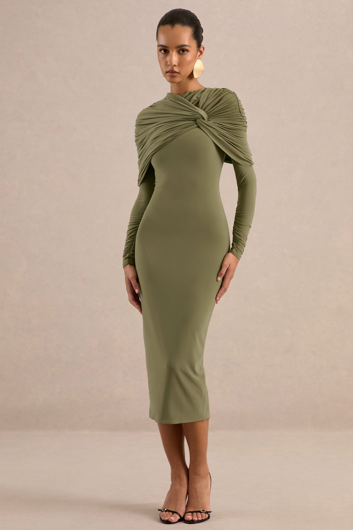 Delaria | Olive Jersey Round Neck Twisted Long Sleeve Midi Dress With Gathered Detail And Back Split