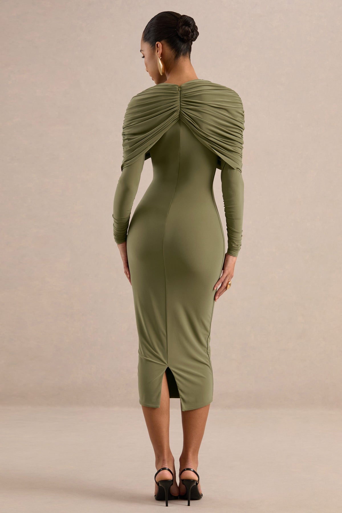 Delaria | Olive Jersey Round Neck Twisted Long Sleeve Midi Dress With Gathered Detail And Back Split