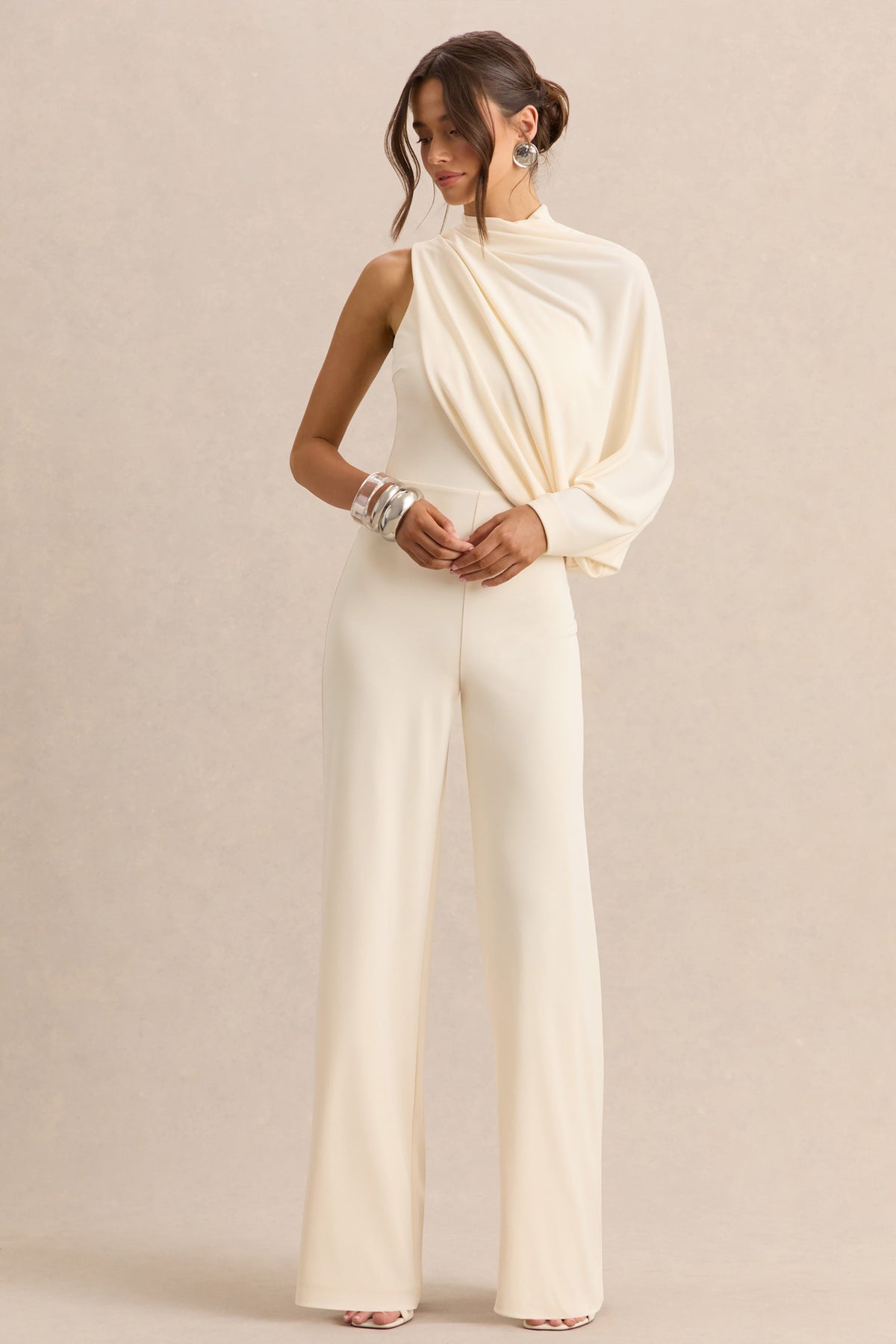 Emoria | Cream High-Neck Jumpsuit With One Long-Sleeve