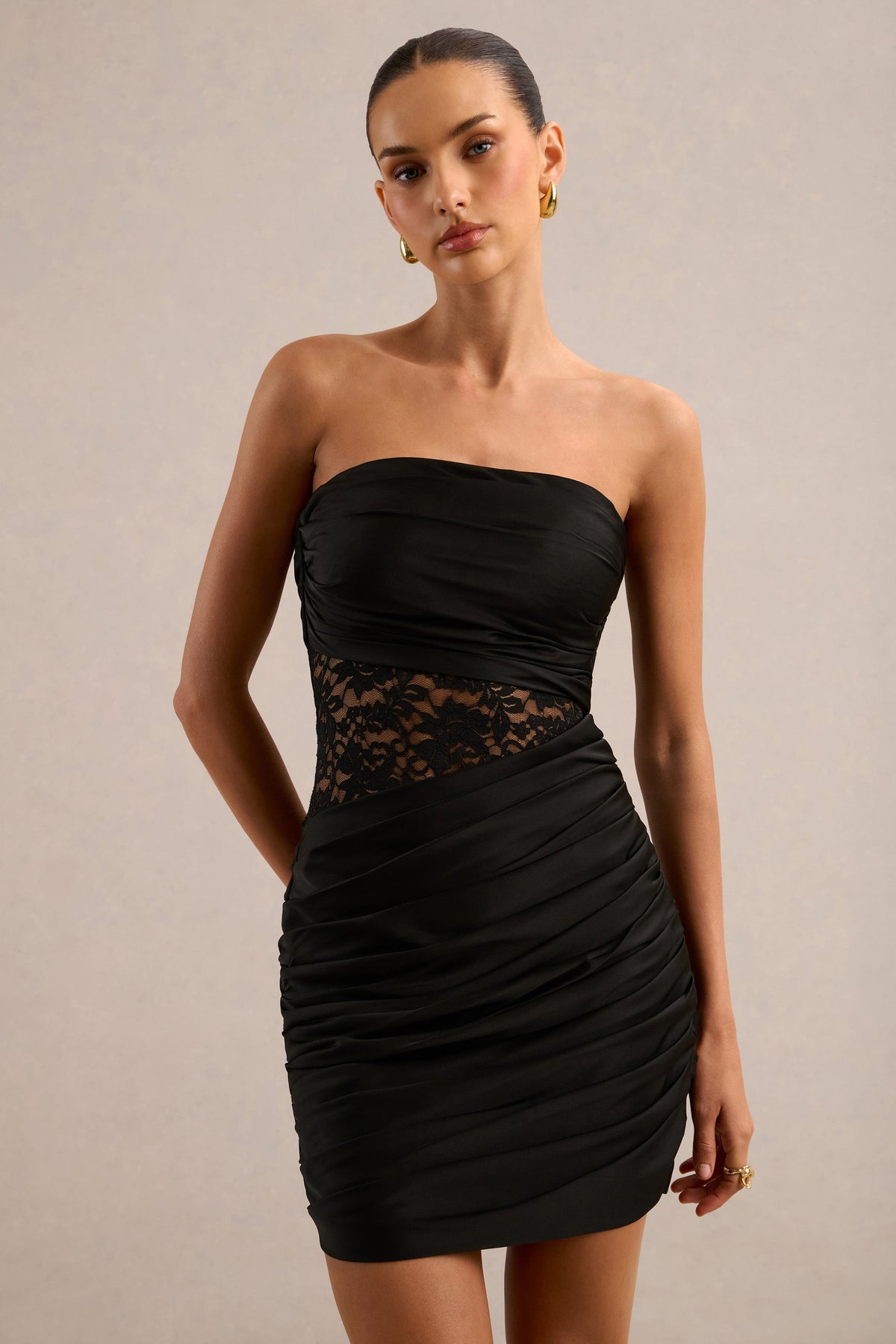 Corisse | Black Bandeau Satin Mini-Dress With Lace-Detailing