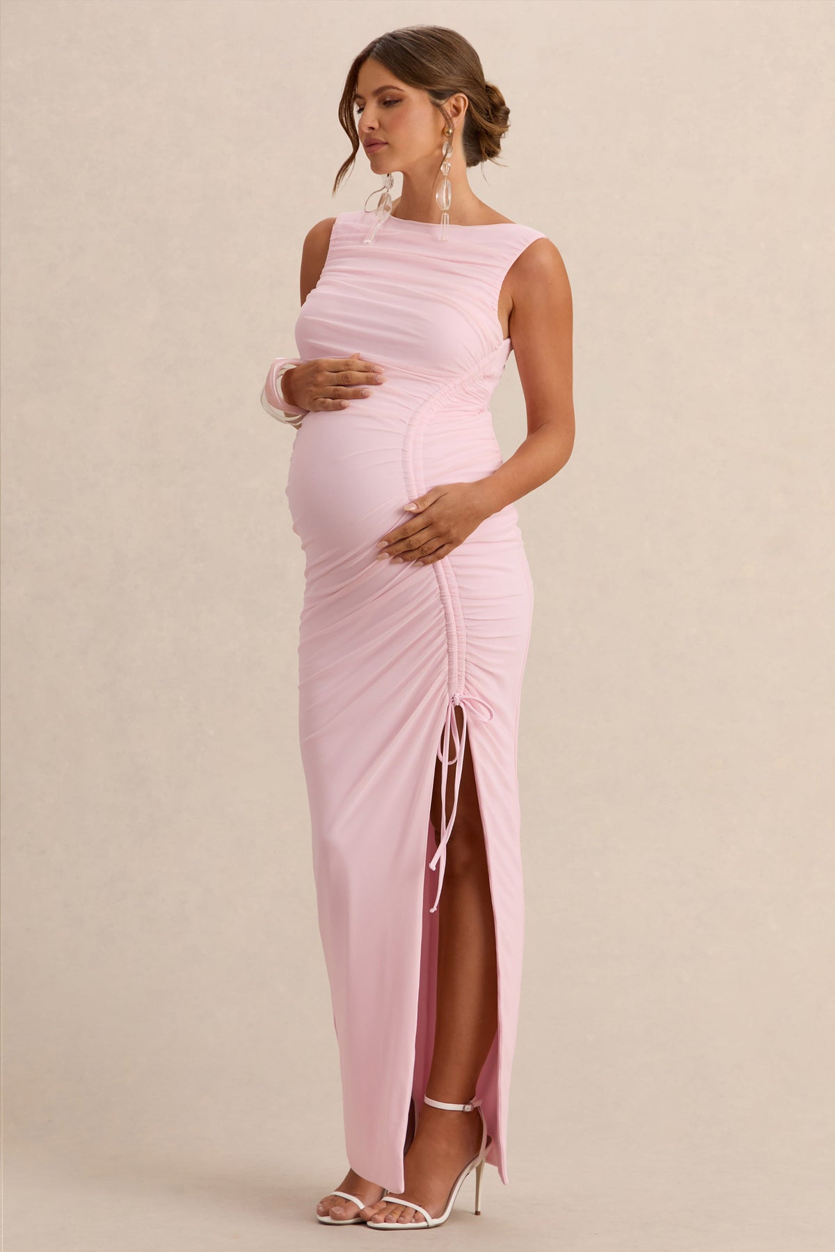 Alitha | Light Pink Round-Neck Maternity Maxi Dress With Ruched Detailing And Front Split