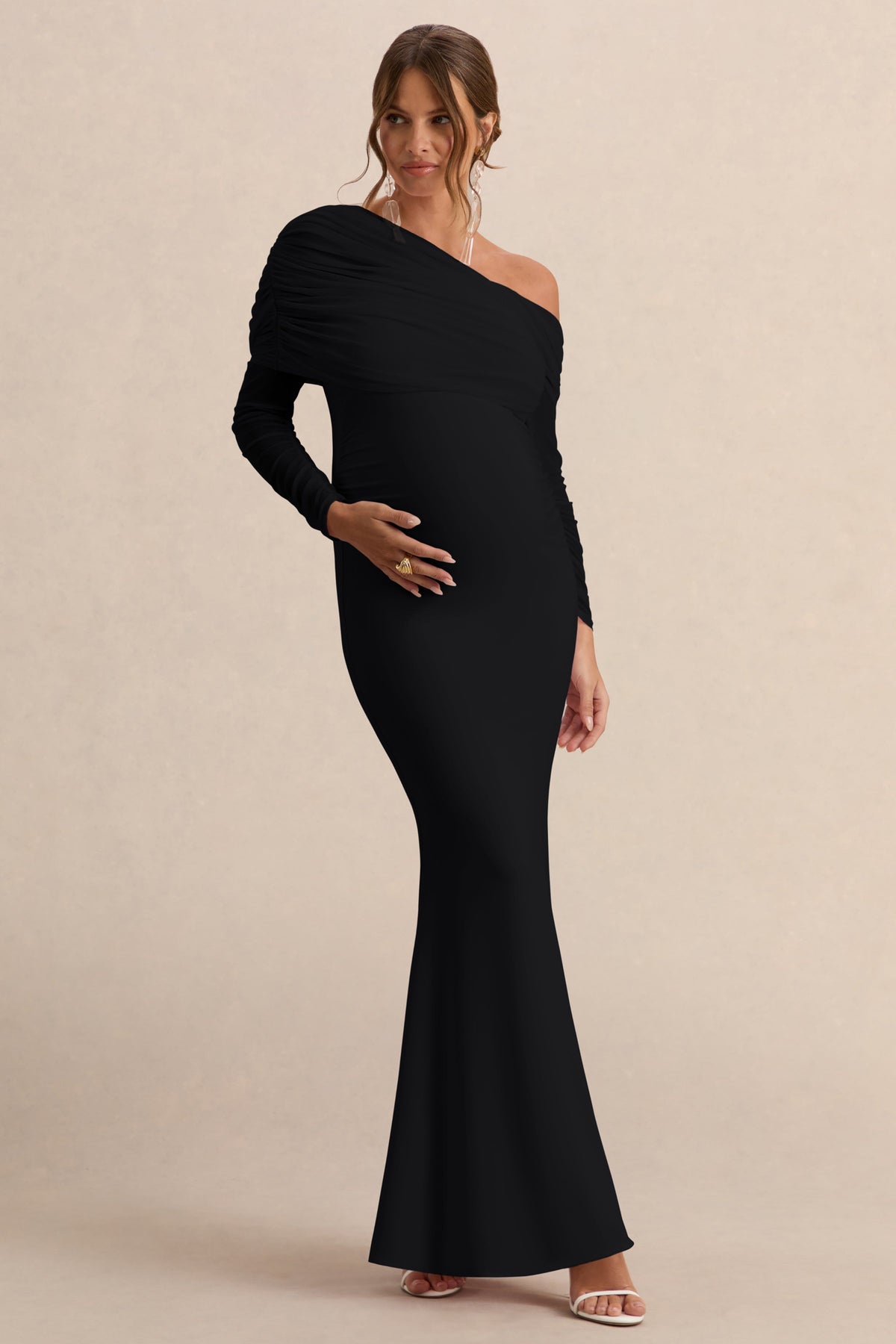 Ianthe | Black Asymmetric-Neck Maternity Maxi Dress With Mesh Long Sleeves