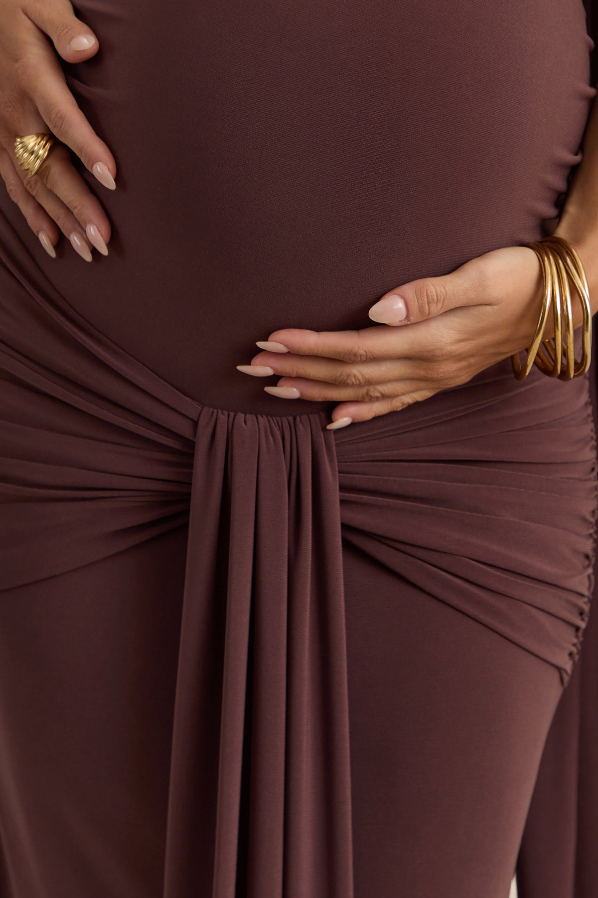 Faustina | Dark Brown Bandeau-Neck Maternity Maxi Dress With Scarf Detail And Gathered Detailing