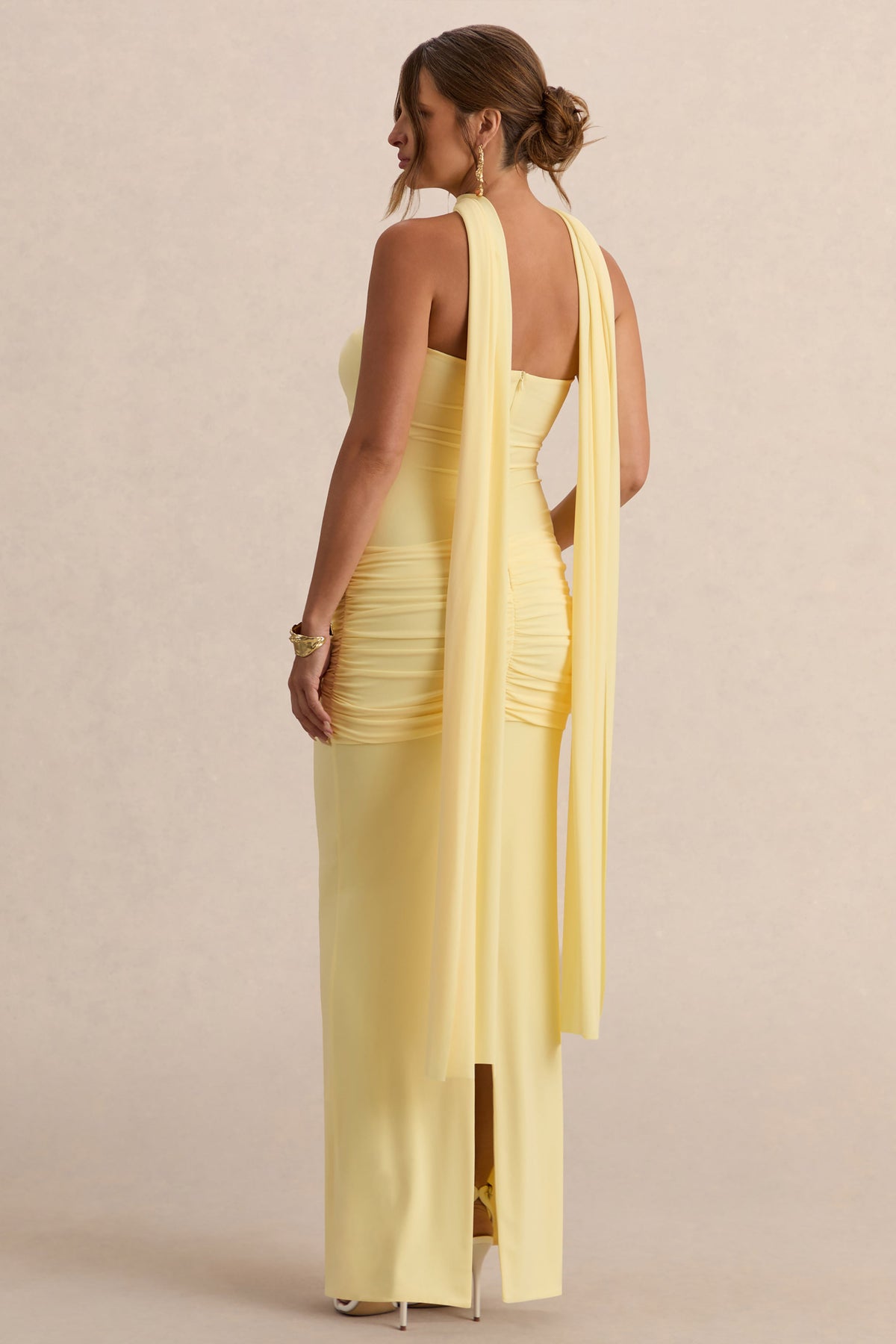 Faustina | Lemon Bandeau-Neck Maternity Maxi Dress With Scarf Detail And Gathered Detailing