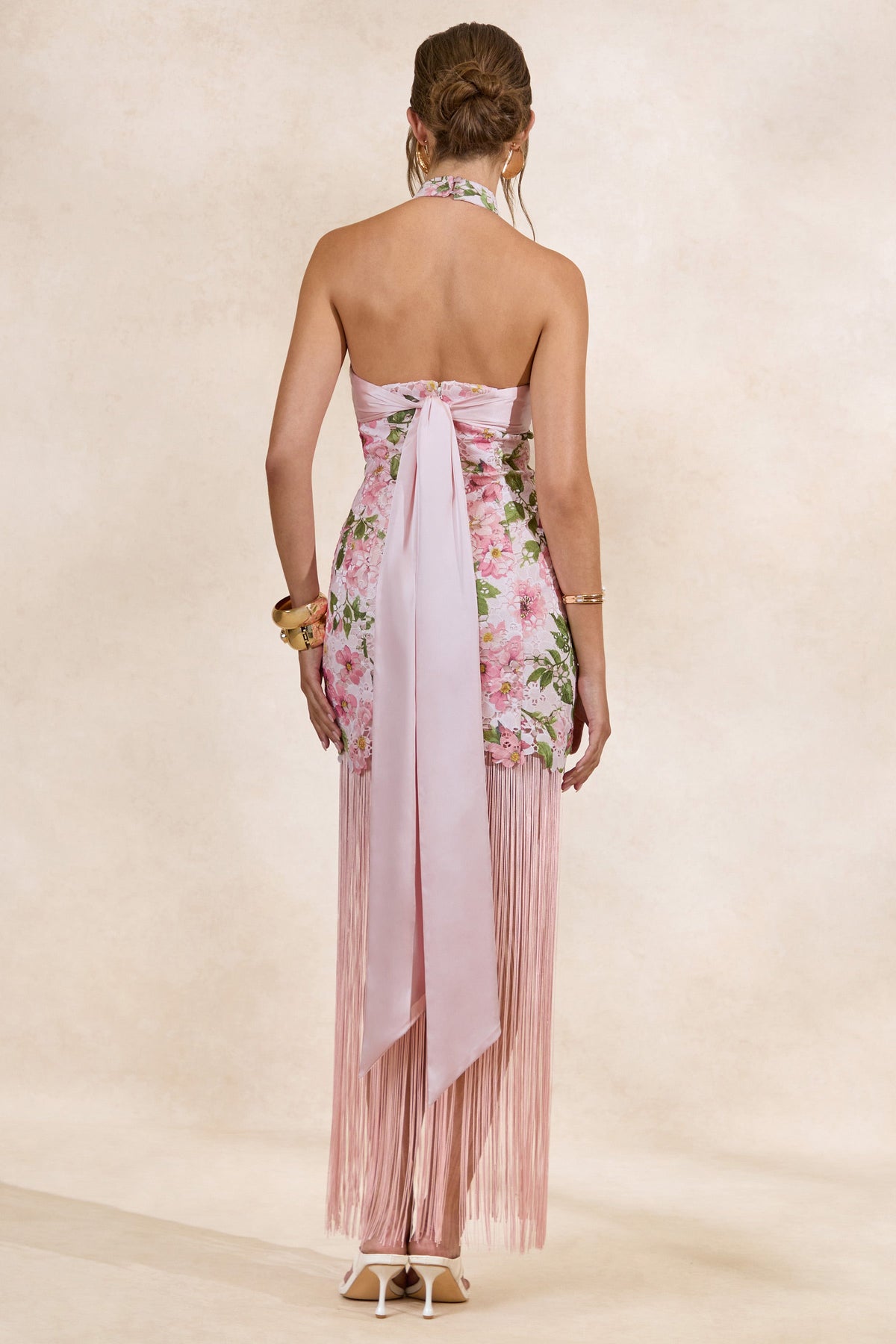 Lerisa | Pink Floral Print Lace Halter-Neck Fringed Maxi Dress