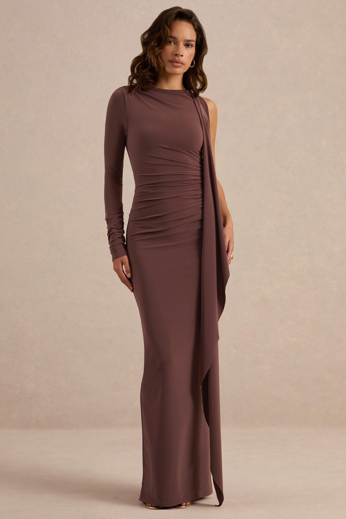 Epona | Dark Brown Jersey Boat Neck Long Sleeve Maxi Dress With Sash And Back Split