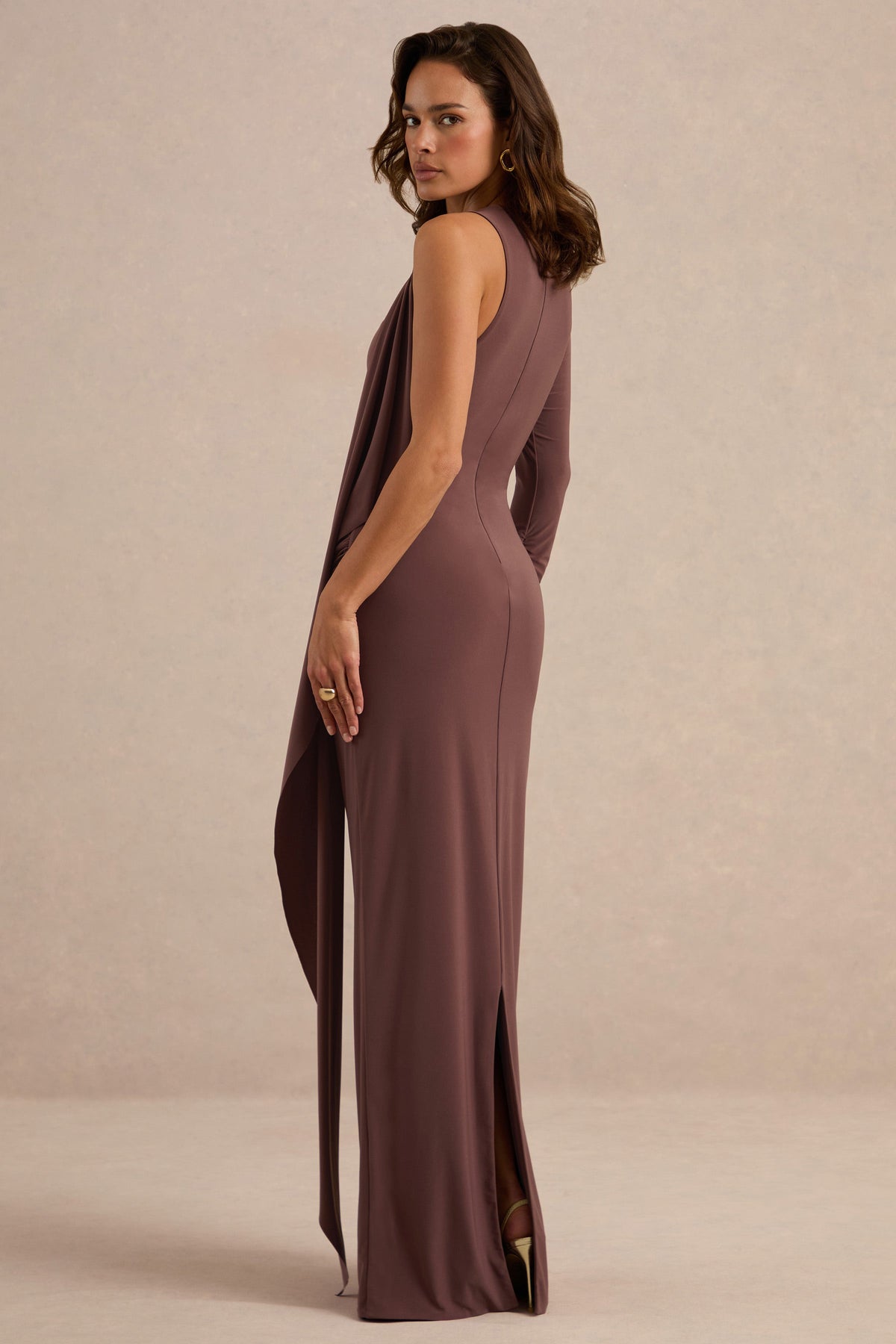 Epona | Dark Brown Jersey Boat Neck Long Sleeve Maxi Dress With Sash And Back Split