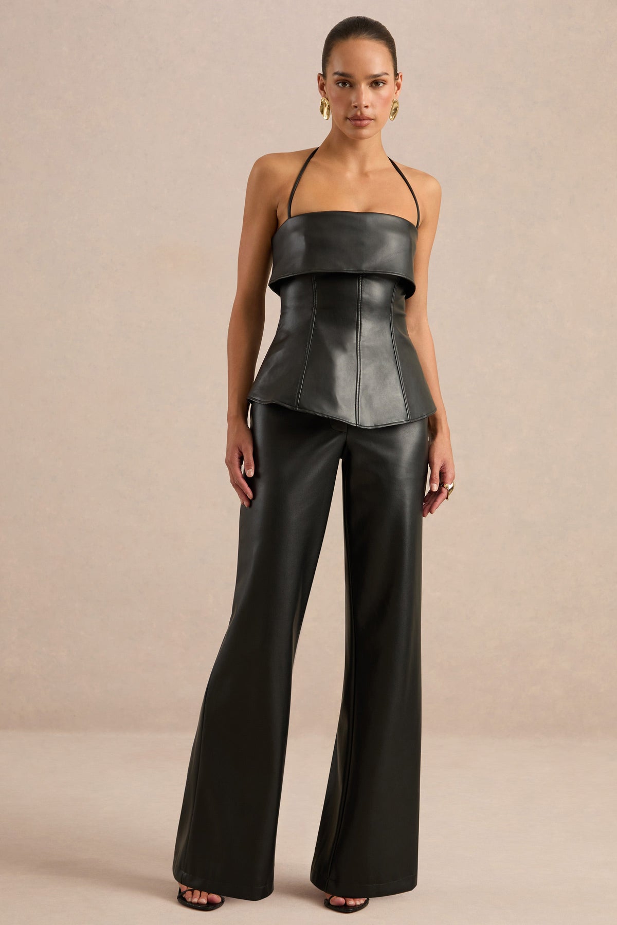 Gaelina | Black Faux Leather Straight Leg Trousers
