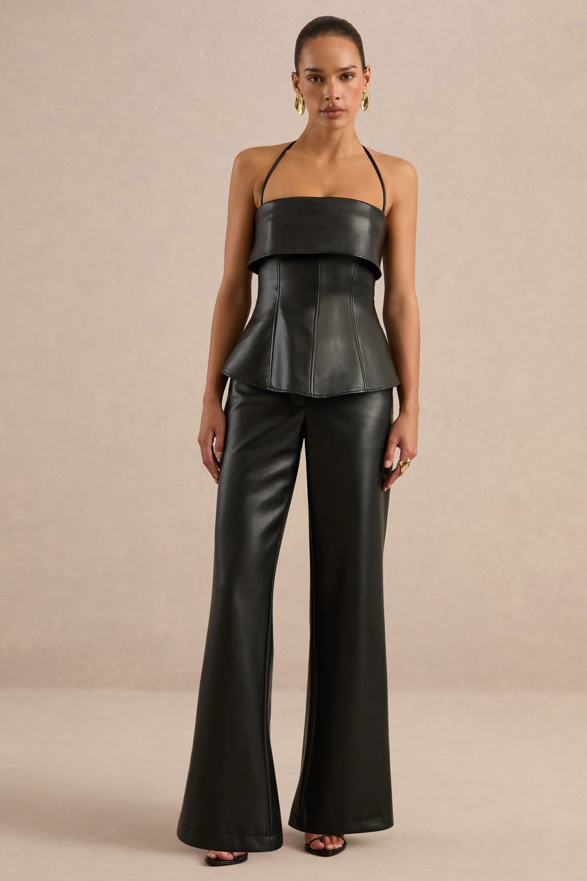 Gaelina | Black Faux Leather Straight Leg Trousers