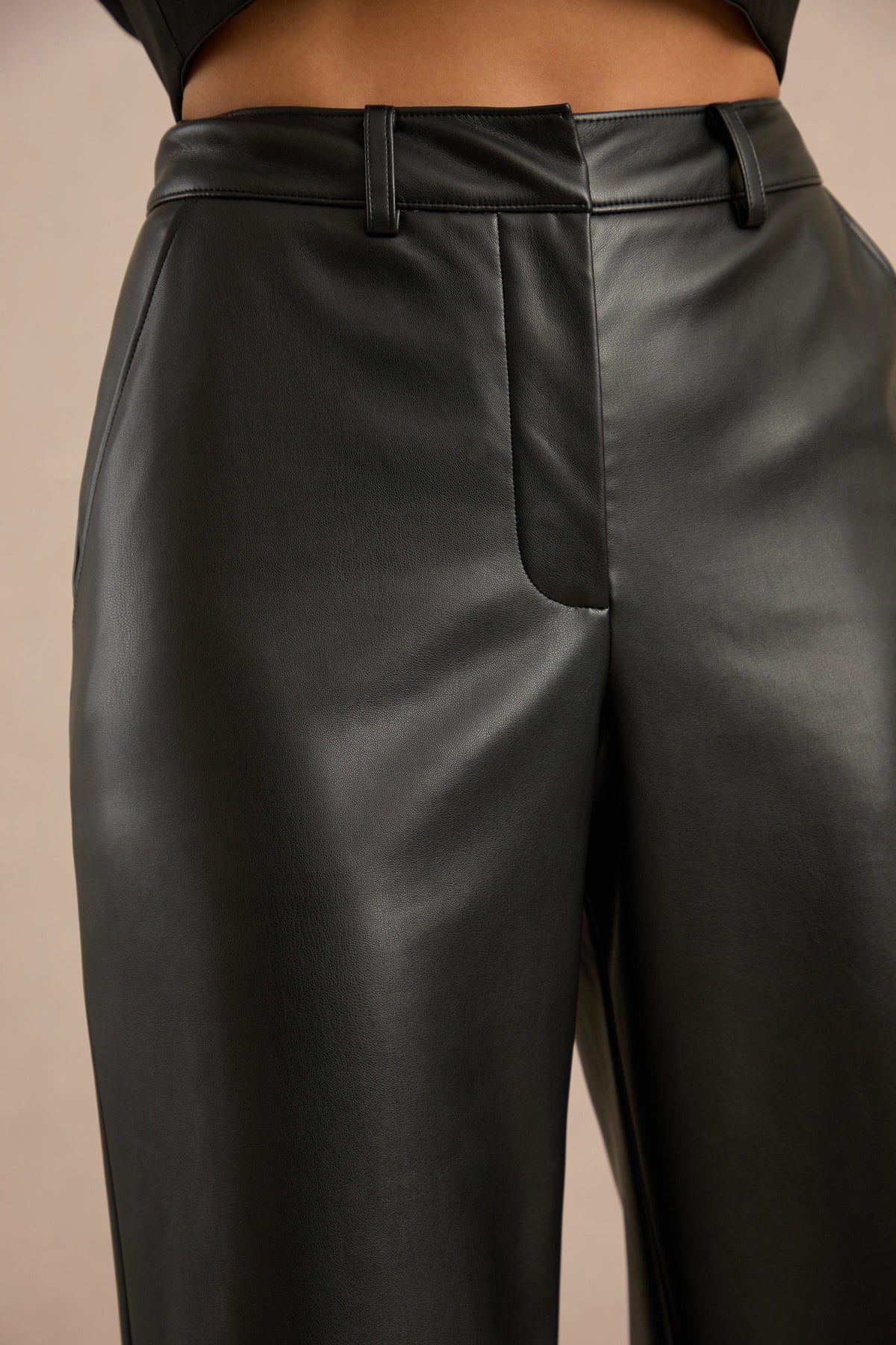 Gaelina | Black Faux Leather Straight Leg Trousers