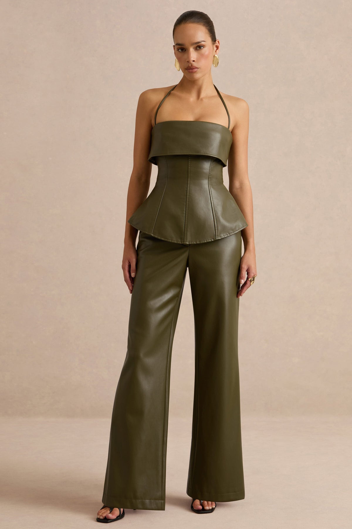 Gaelina | Khaki Faux Leather Straight Leg Trousers