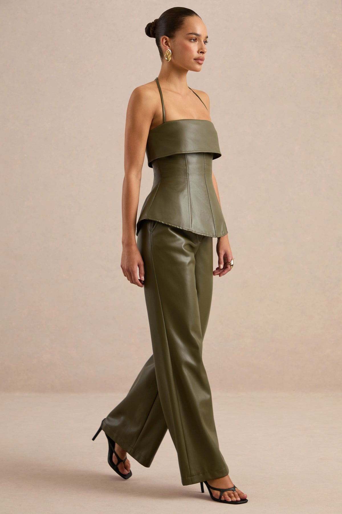 Gaelina | Khaki Faux Leather Straight Leg Trousers