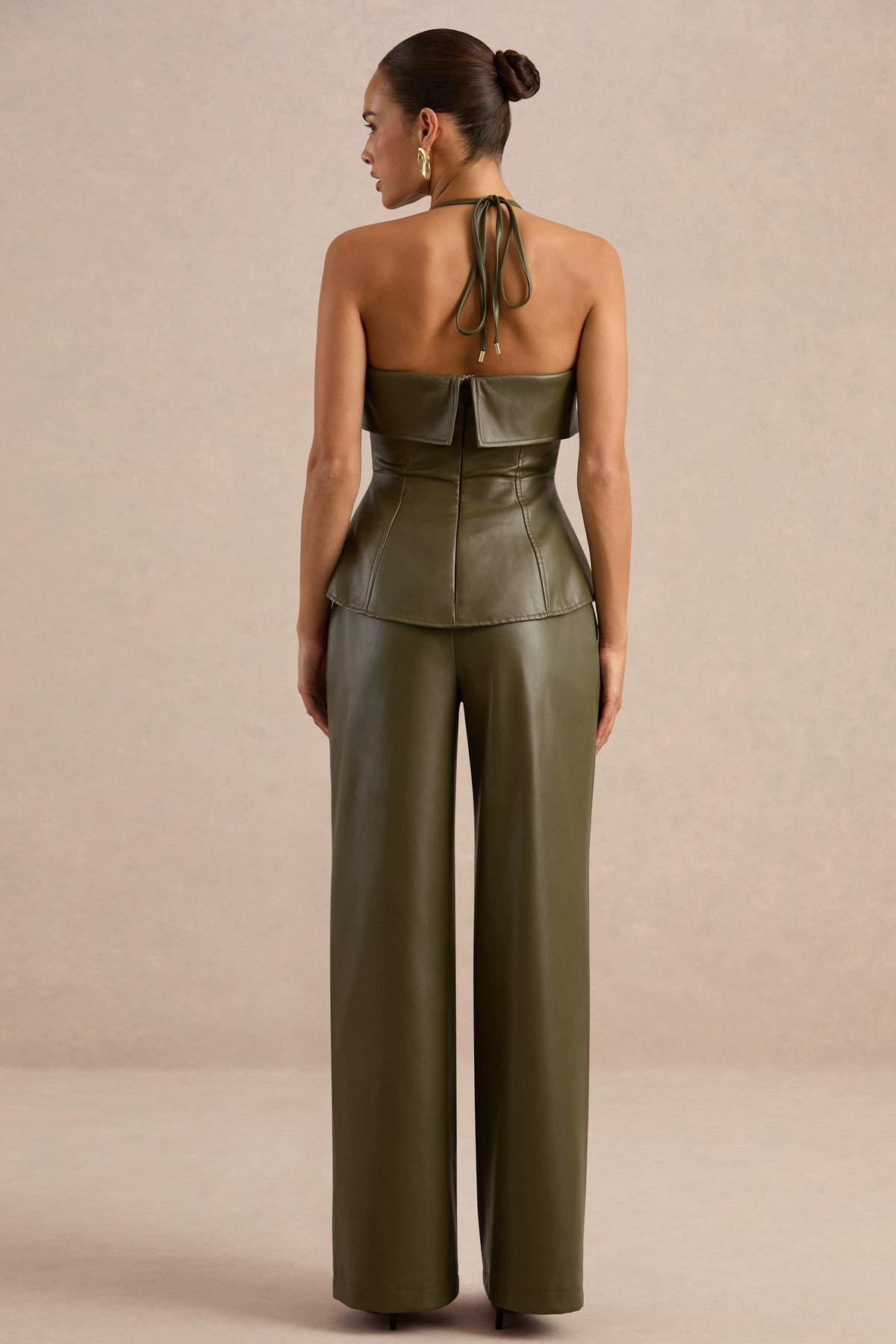 Gaelina | Khaki Faux Leather Straight Leg Trousers