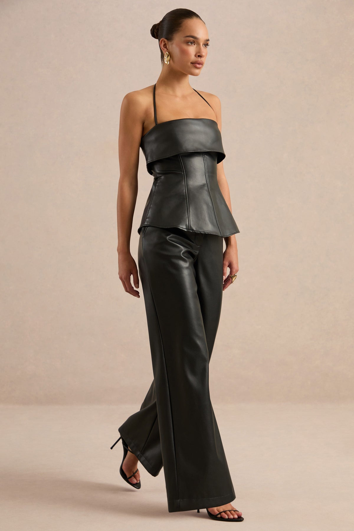 Gaelina | Black Faux Leather Bandeau Tailored Top With Ties