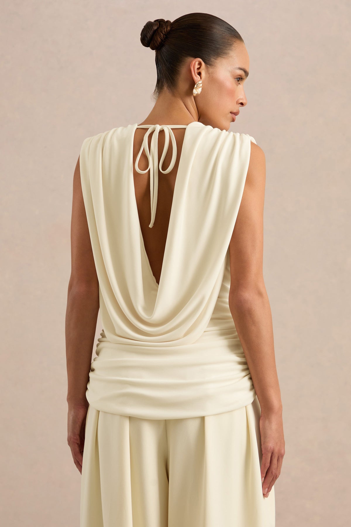 Larina | Cream Jersey Plunge Ruched Top With Draped Detailing And Tie Back