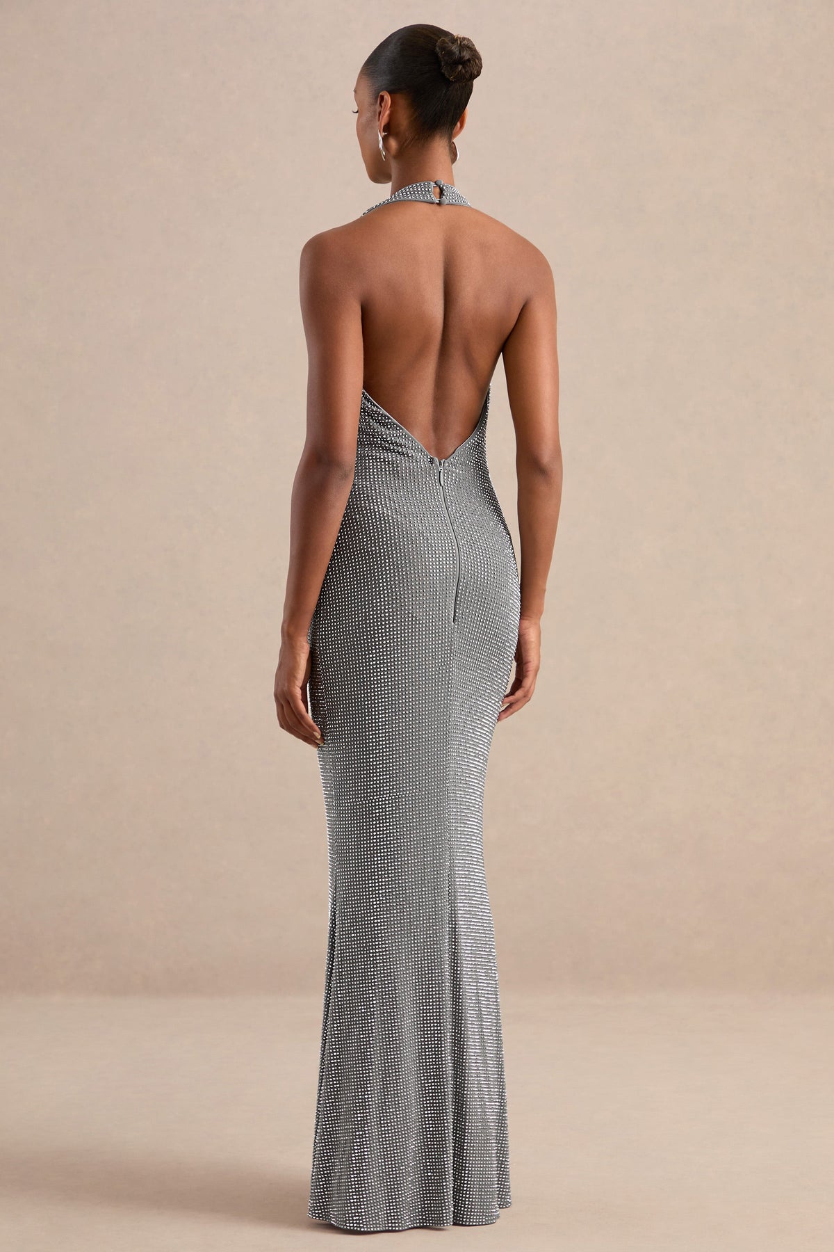 Aleia | Silver Embellished Plunge Maxi Dress With Low Back