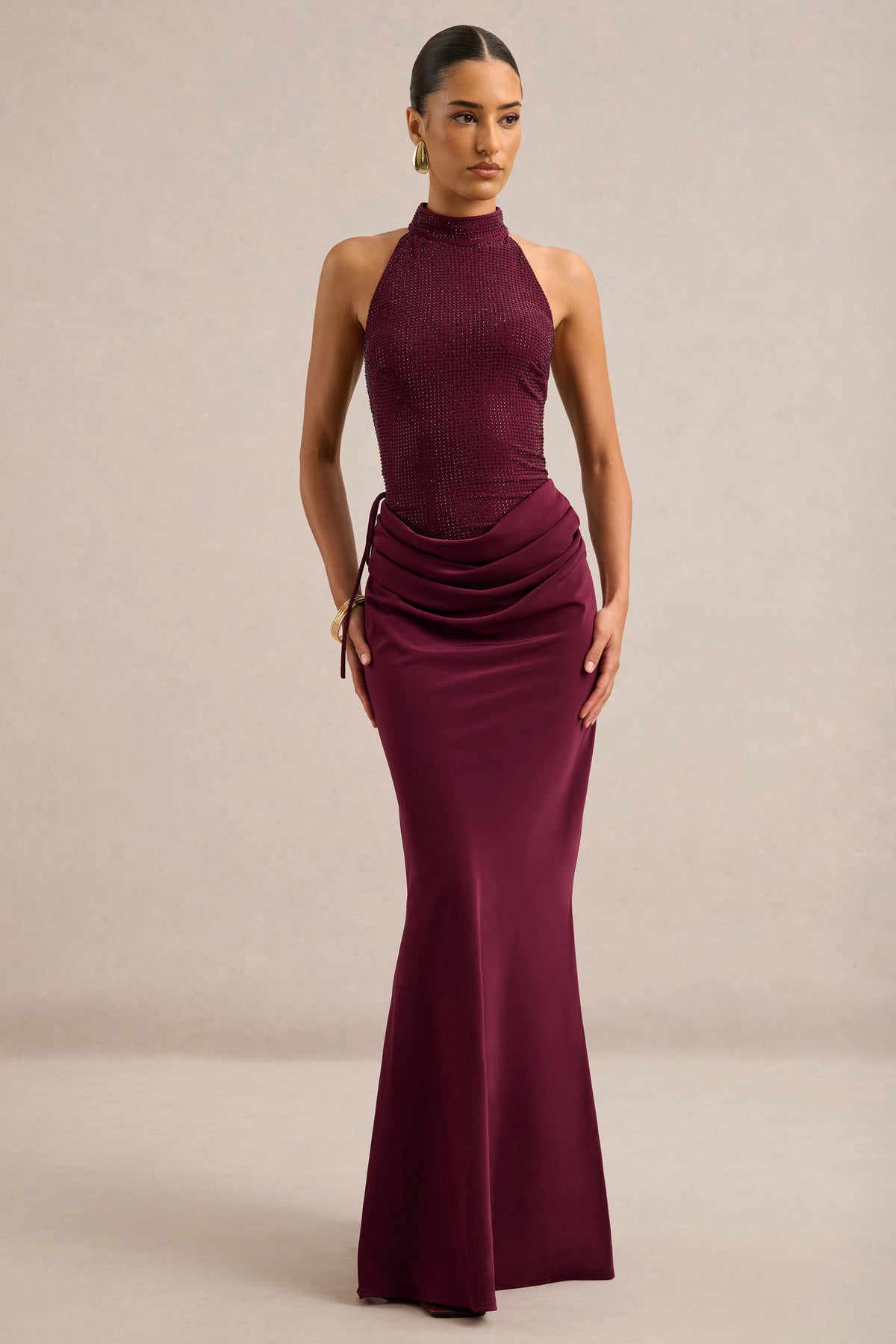Amirae | Burgundy Embellished Halter Neck Maxi Dress With Satin Skirt And Drape Detailing