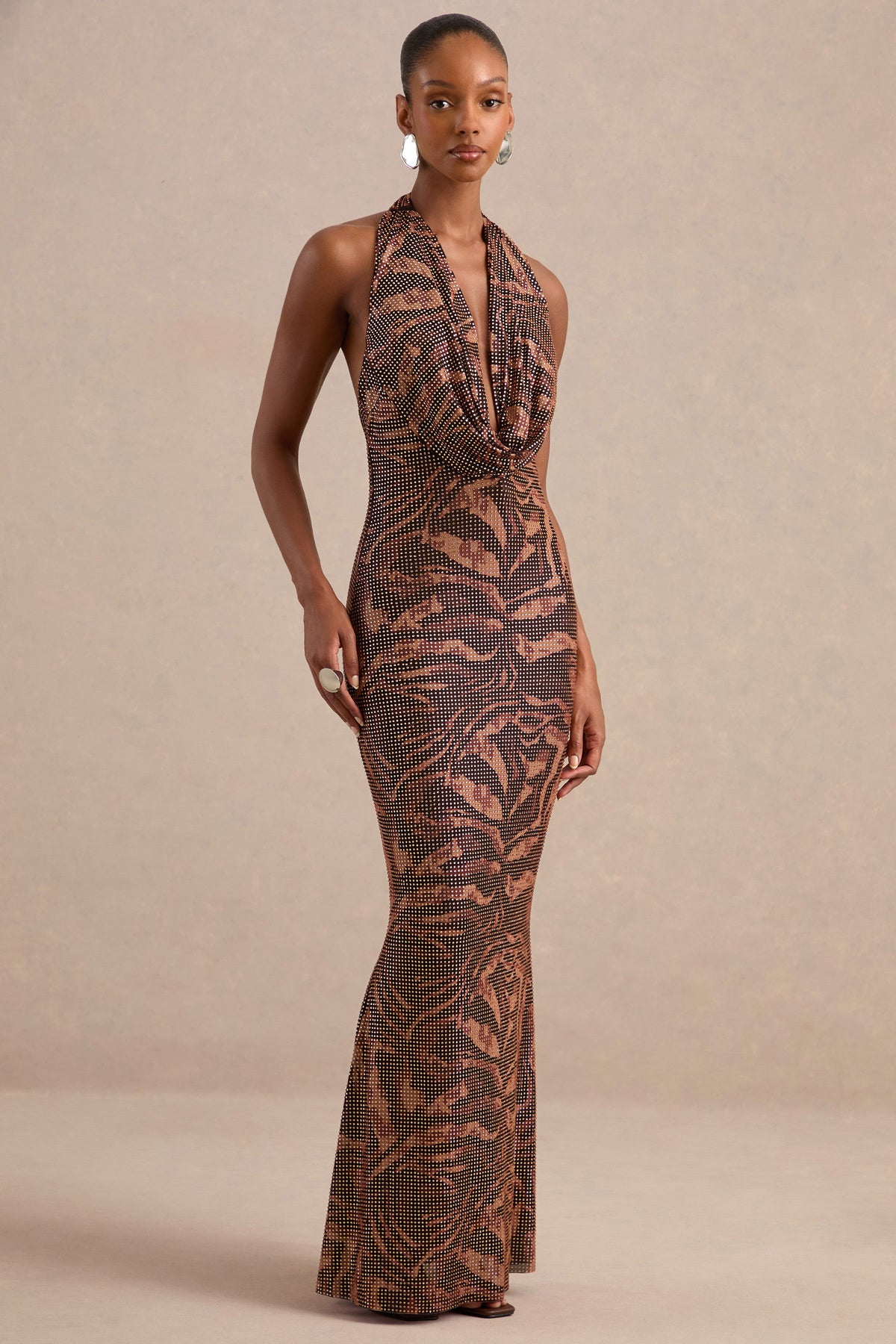 Livinia | Brown Animal Print Embellished Plunge Maxi Dress With Low Back