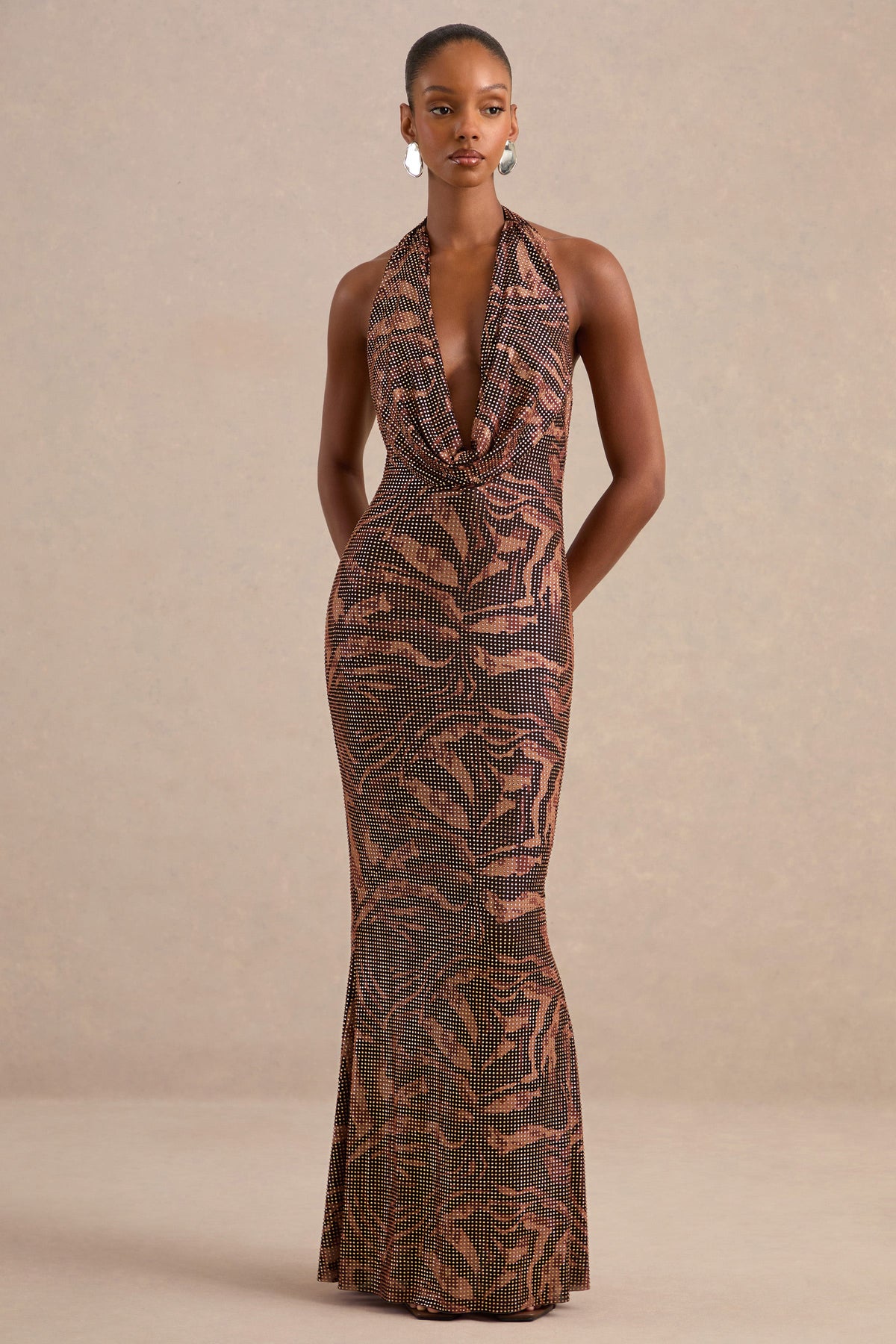 Livinia | Brown Animal Print Embellished Plunge Maxi Dress With Low Back