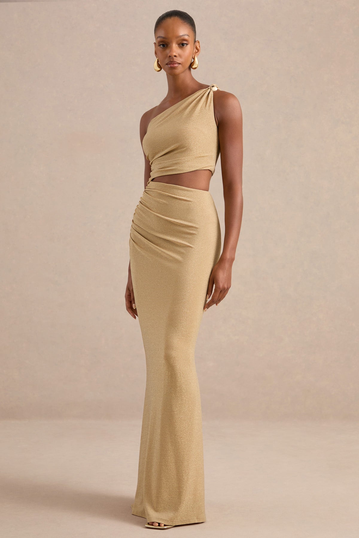 Andela | Gold Glitter Mesh One Shoulder Maxi Dress With Body Cut Out And Gold Trim
