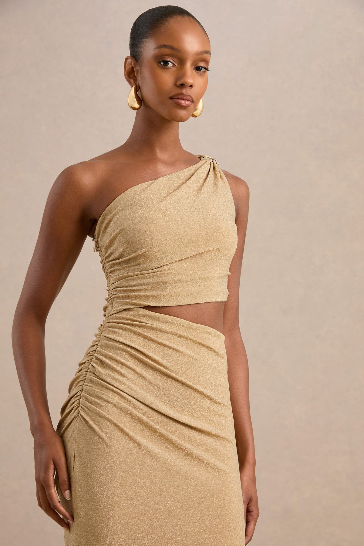 Andela | Gold Glitter Mesh One Shoulder Maxi Dress With Body Cut Out And Gold Trim