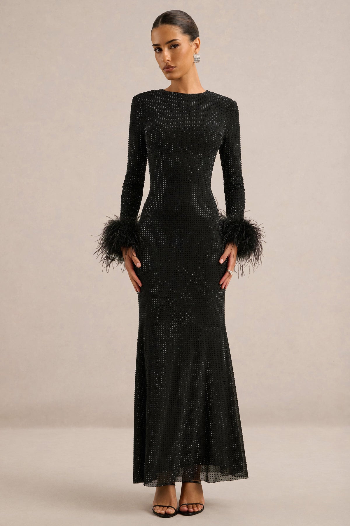 Garance | Black Embellished Round Neck Long Sleeve Maxi Dress With Detachable Feather Cuffs