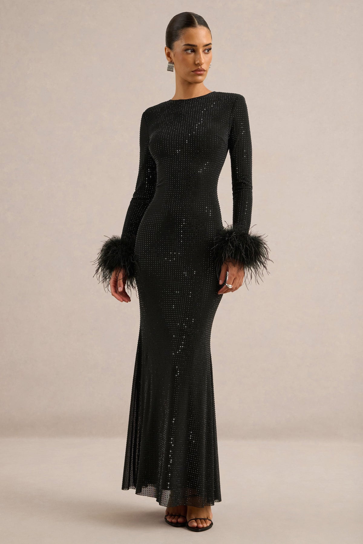 Garance | Black Embellished Round Neck Long Sleeve Maxi Dress With Detachable Feather Cuffs