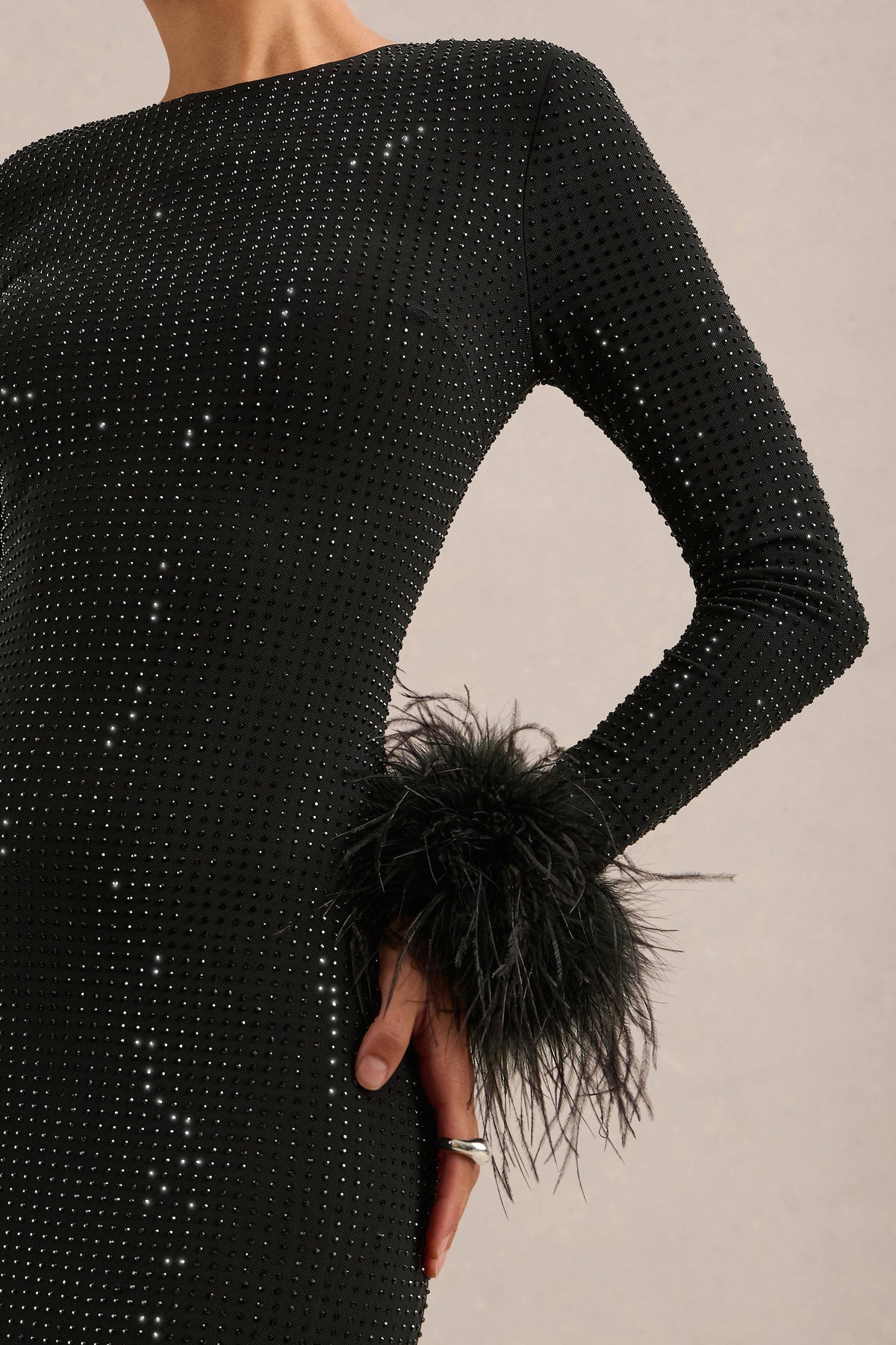 Garance | Black Embellished Round Neck Long Sleeve Maxi Dress With Detachable Feather Cuffs