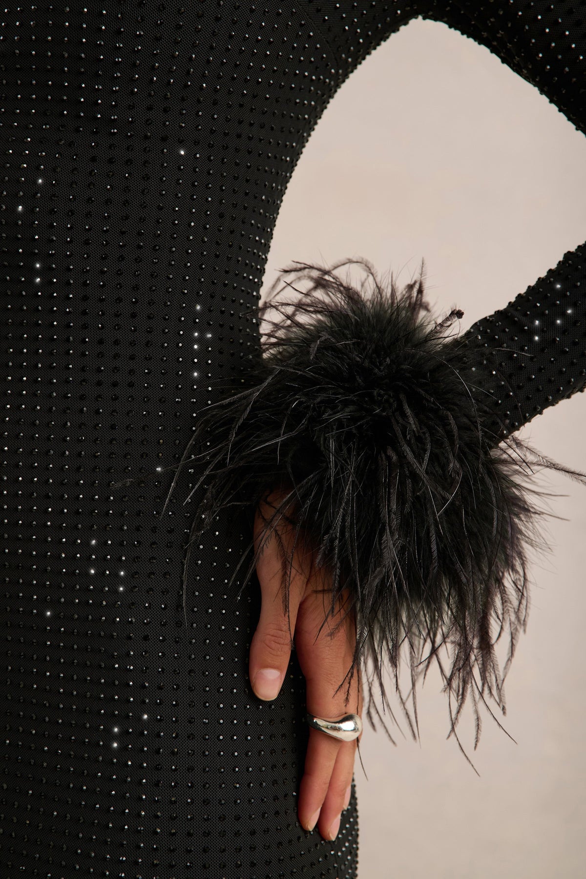 Garance | Black Embellished Round Neck Long Sleeve Maxi Dress With Detachable Feather Cuffs