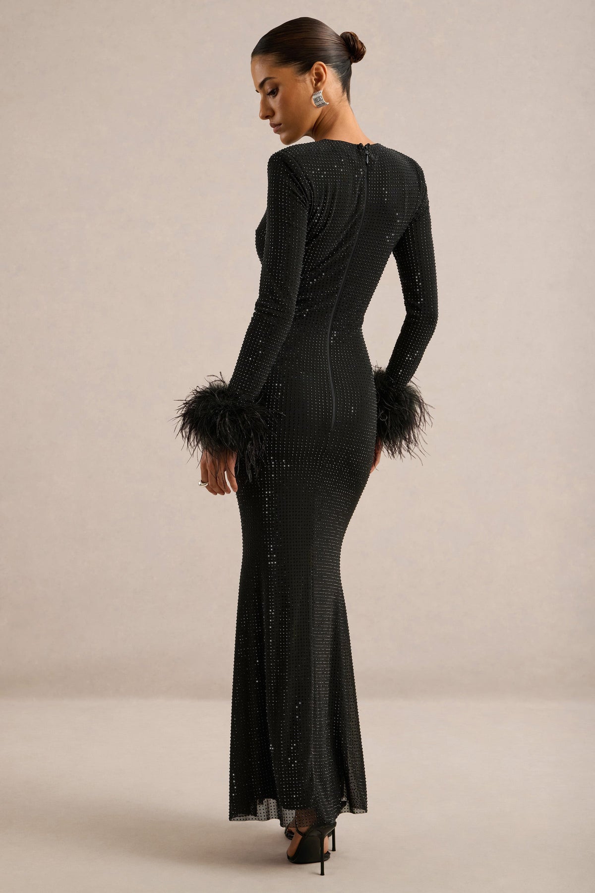 Garance | Black Embellished Round Neck Long Sleeve Maxi Dress With Detachable Feather Cuffs