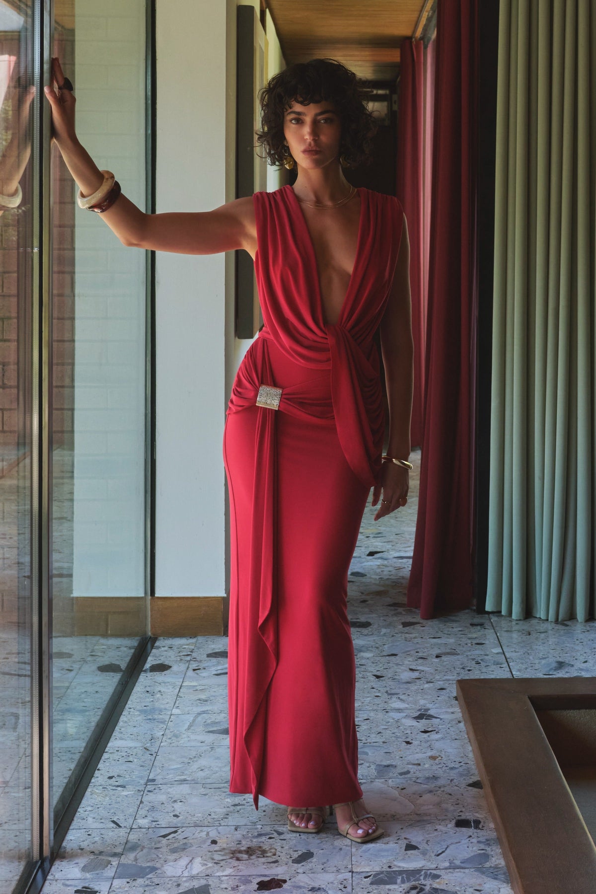 Lilias | Red Jersey Plunge Top With Draped Detailing And Tie Back