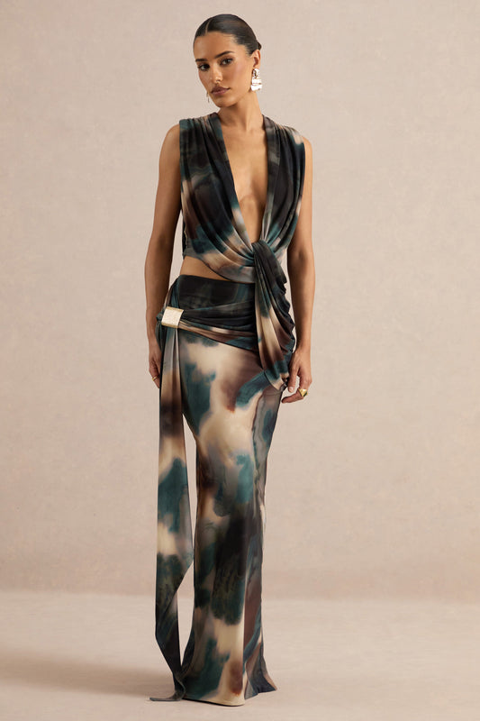 Lilias | Black And Blue Ombre Print Jersey Ruched Mid Rise Maxi Skirt With Sash And Gold Trim Detailing