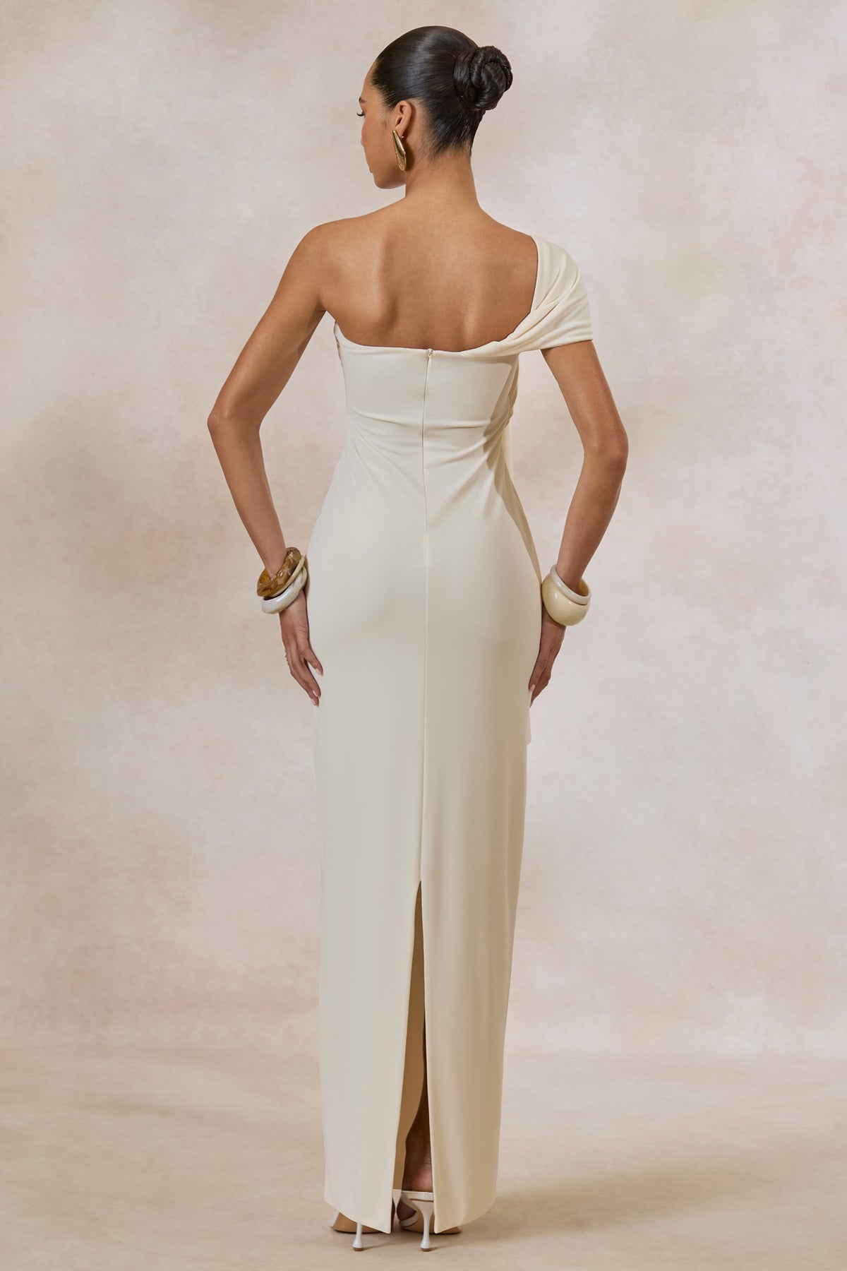 Airi | Cream Asymmetric-Neck Maxi Dress With Gathered Detailing And Sash
