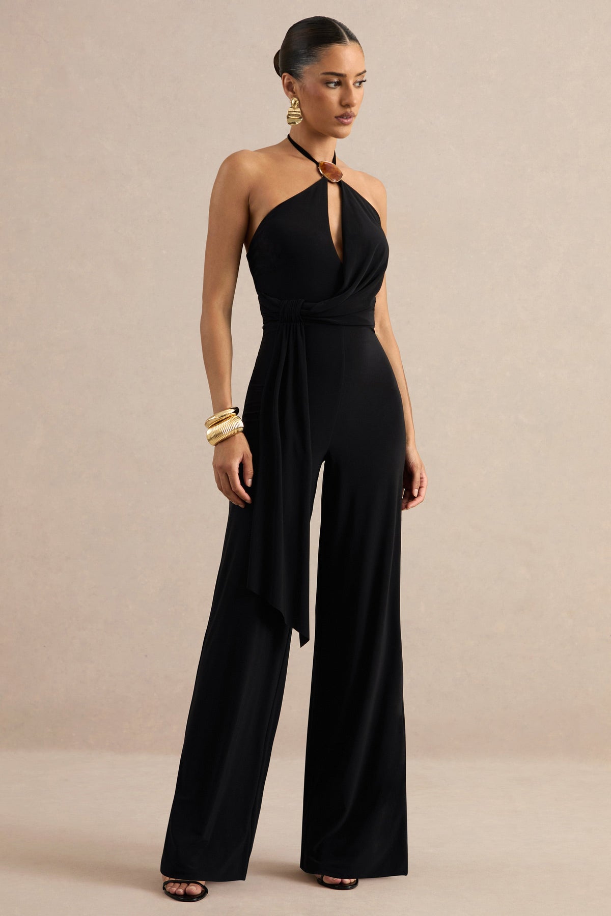 Avani | Black Halter-Neck Jumpsuit With Sash Detailing And Gold Detail