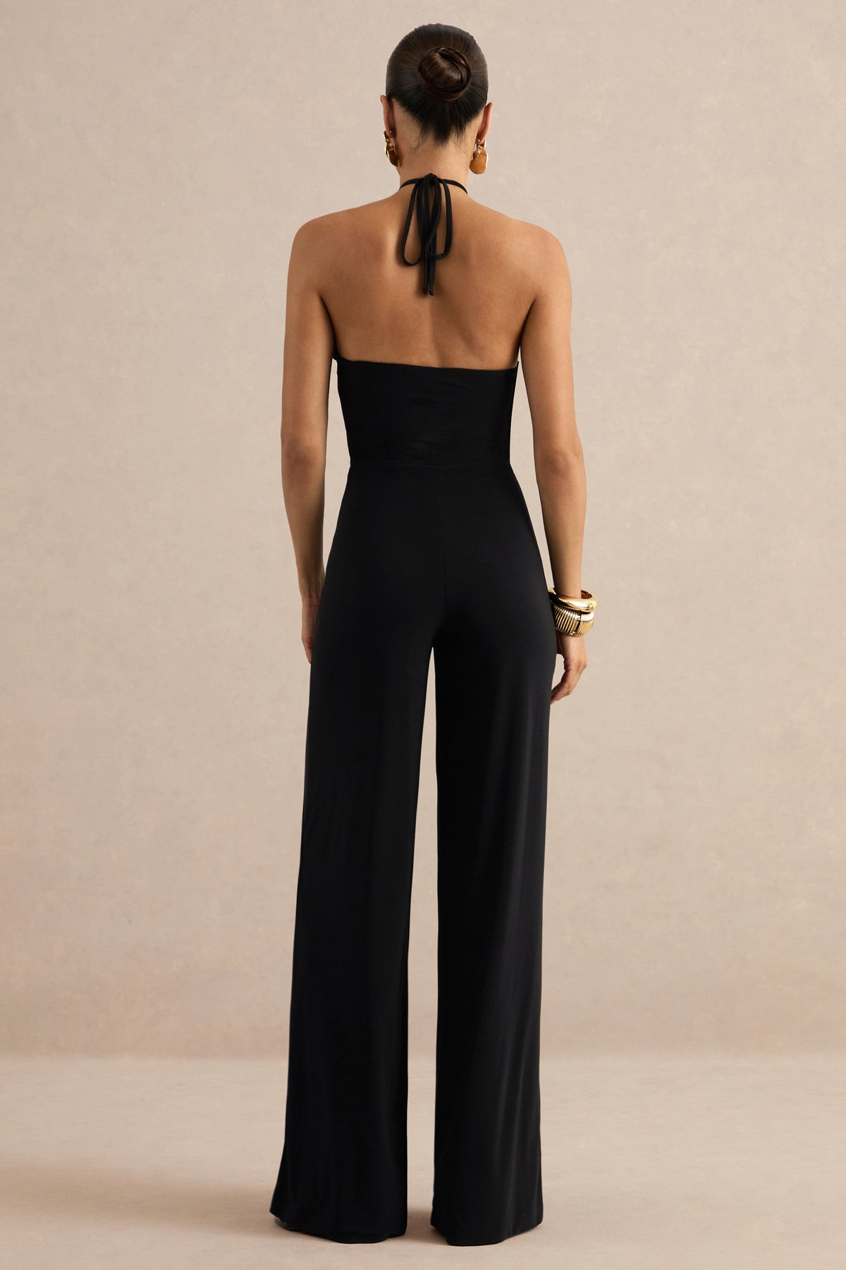 Avani | Black Halter-Neck Jumpsuit With Sash Detailing And Gold Detail