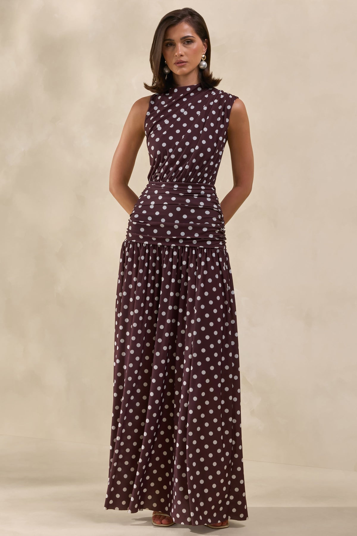 Kelis | Brown Polka Dot Print Jersey High Neck Maxi Dress With Gathered Detailing