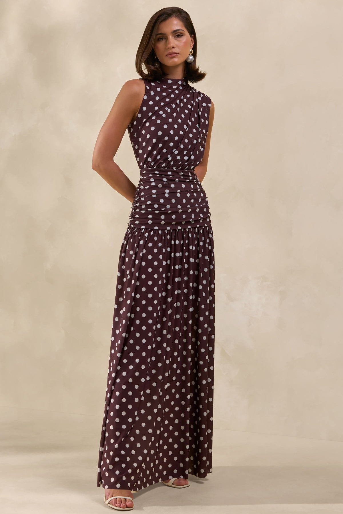Kelis | Brown Polka Dot Print Jersey High Neck Maxi Dress With Gathered Detailing