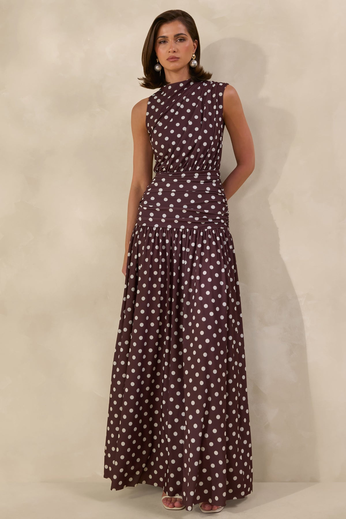 Kelis | Brown Polka Dot Print Jersey High Neck Maxi Dress With Gathered Detailing