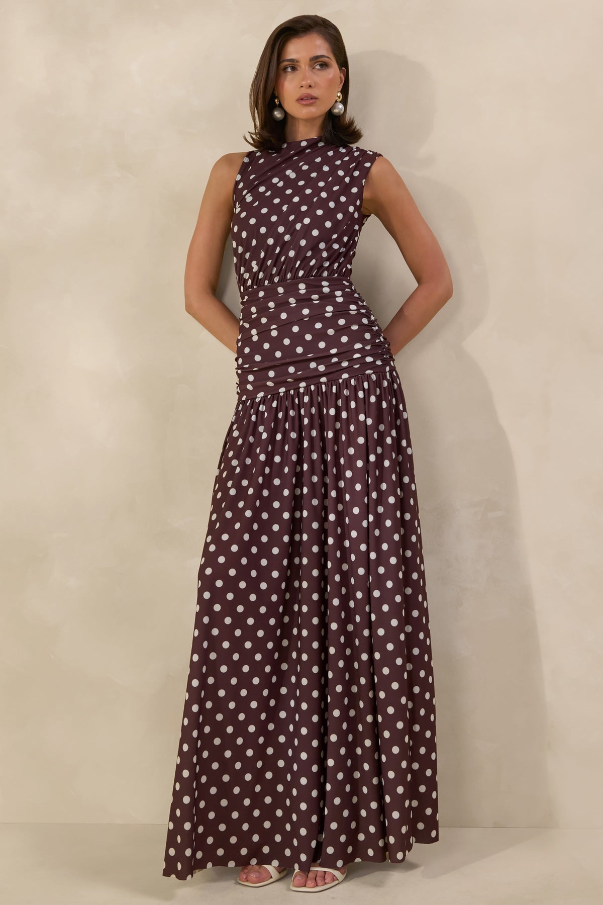 Kelis | Brown Polka Dot Print Jersey High Neck Maxi Dress With Gathered Detailing