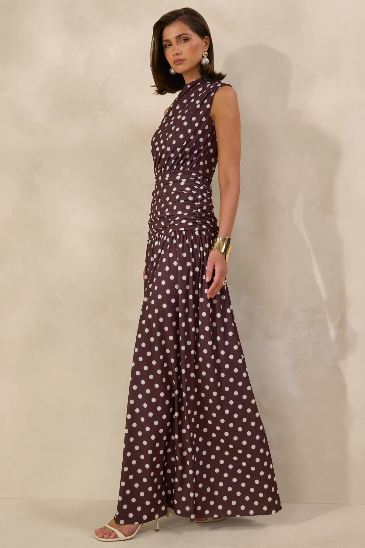Kelis | Brown Polka Dot Print Jersey High Neck Maxi Dress With Gathered Detailing