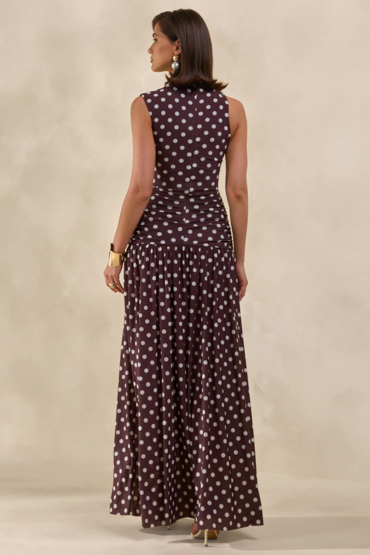 Kelis | Brown Polka Dot Print Jersey High Neck Maxi Dress With Gathered Detailing