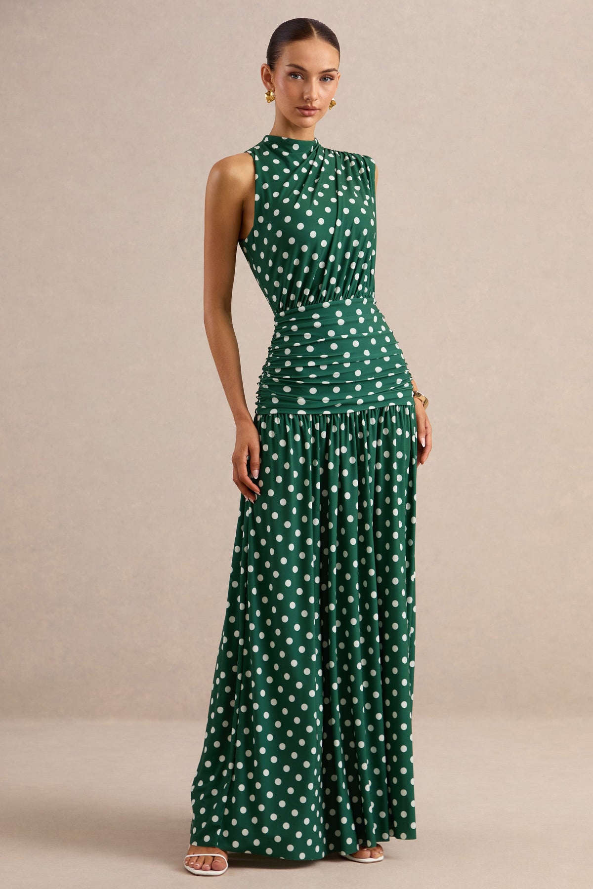 Kelis | Green Polka Dot Print Jersey High Neck Maxi Dress With Gathered Detailing