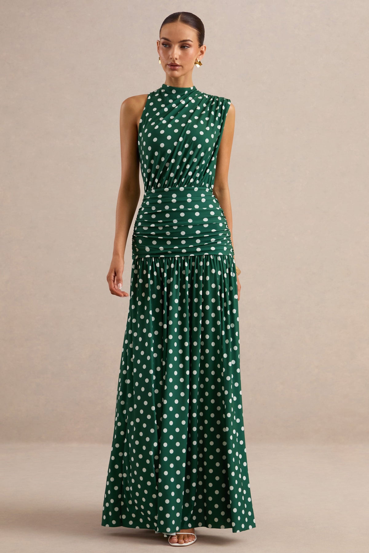 Kelis | Green Polka Dot Print Jersey High Neck Maxi Dress With Gathered Detailing