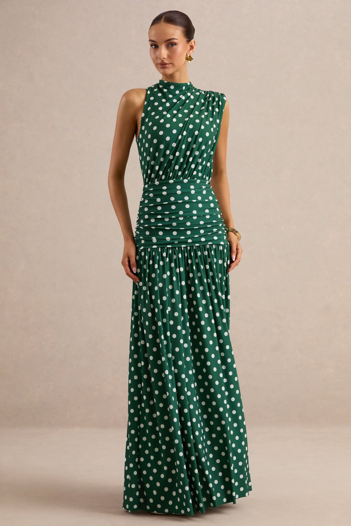 Kelis | Green Polka Dot Print Jersey High Neck Maxi Dress With Gathered Detailing