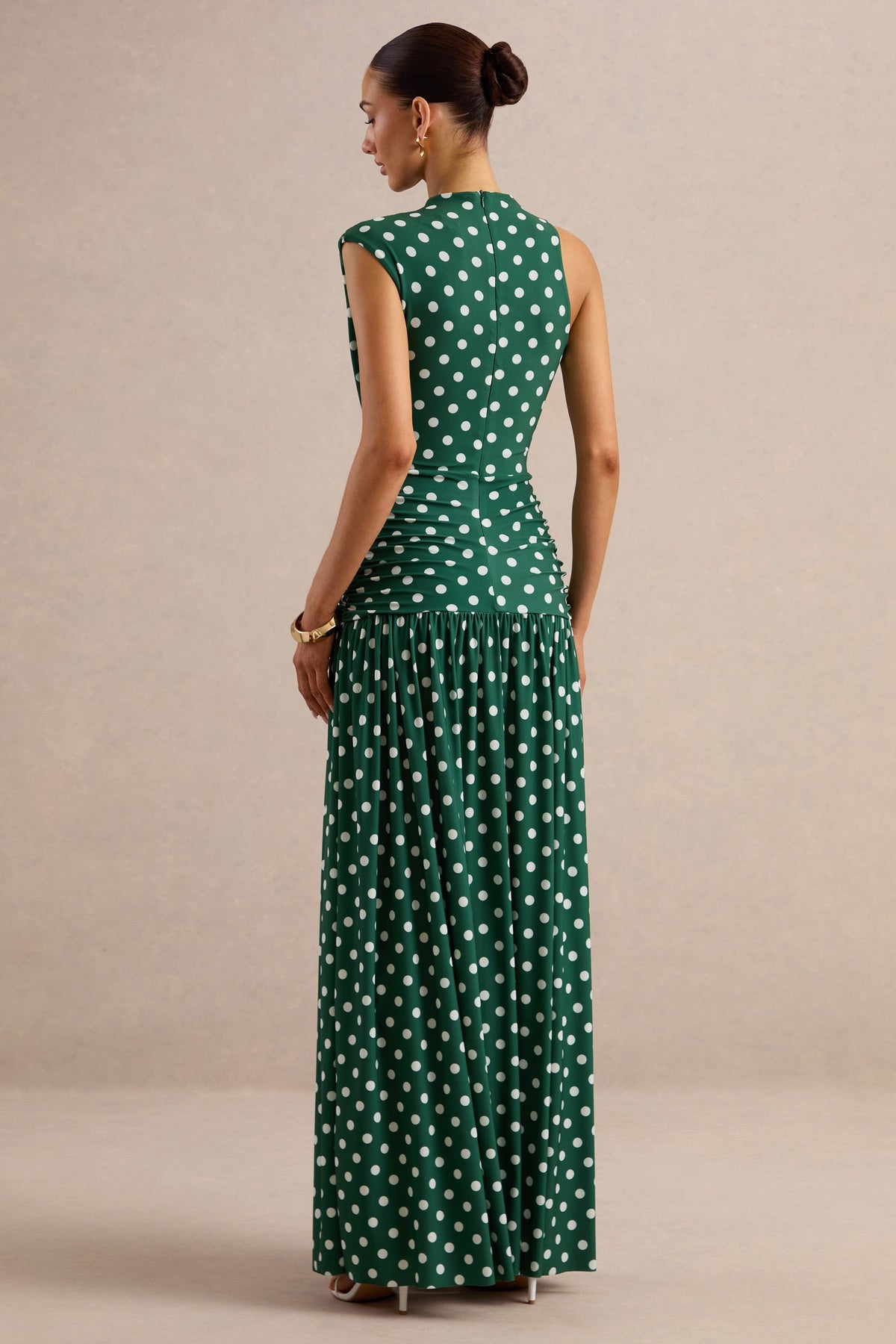 Kelis | Green Polka Dot Print Jersey High Neck Maxi Dress With Gathered Detailing