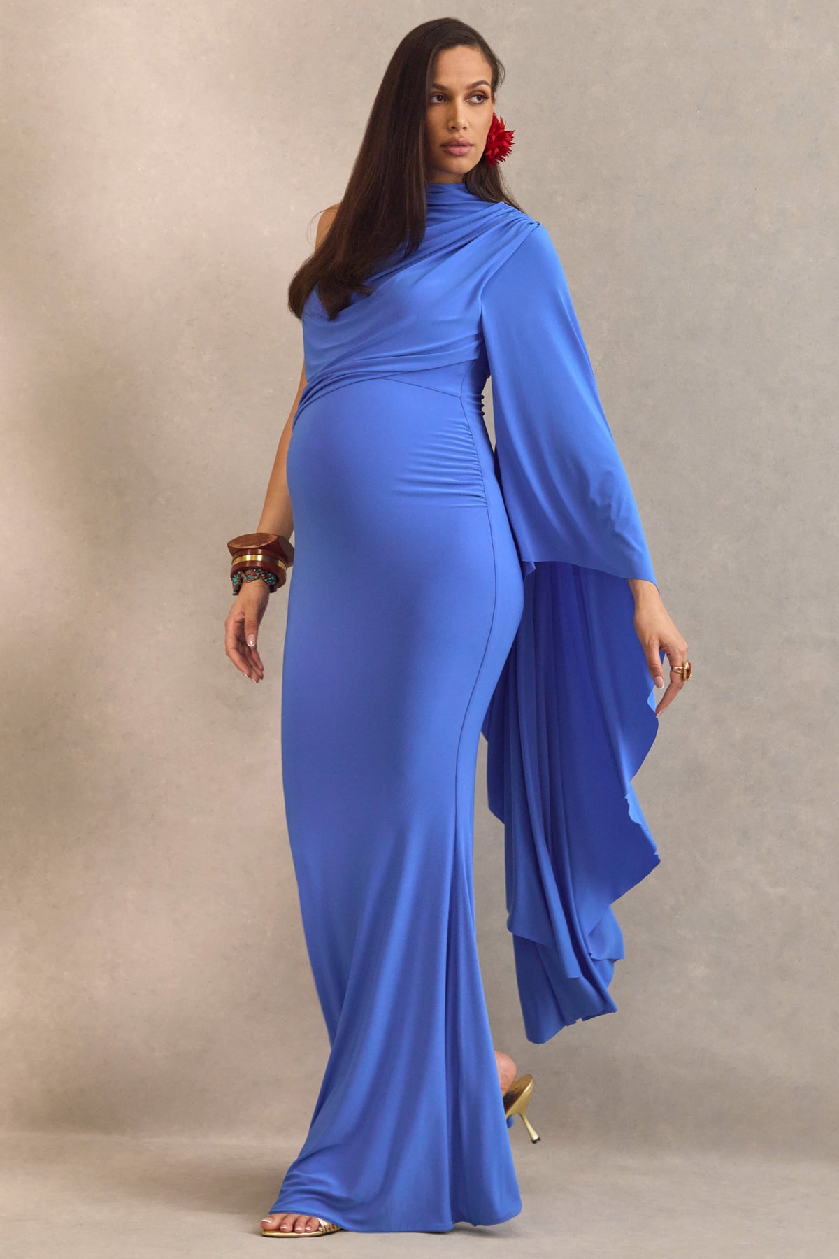 Azria | Blue Jersey High Neck One Sleeve Maternity Maxi Dress With Draped Detailing And Cape Sleeve
