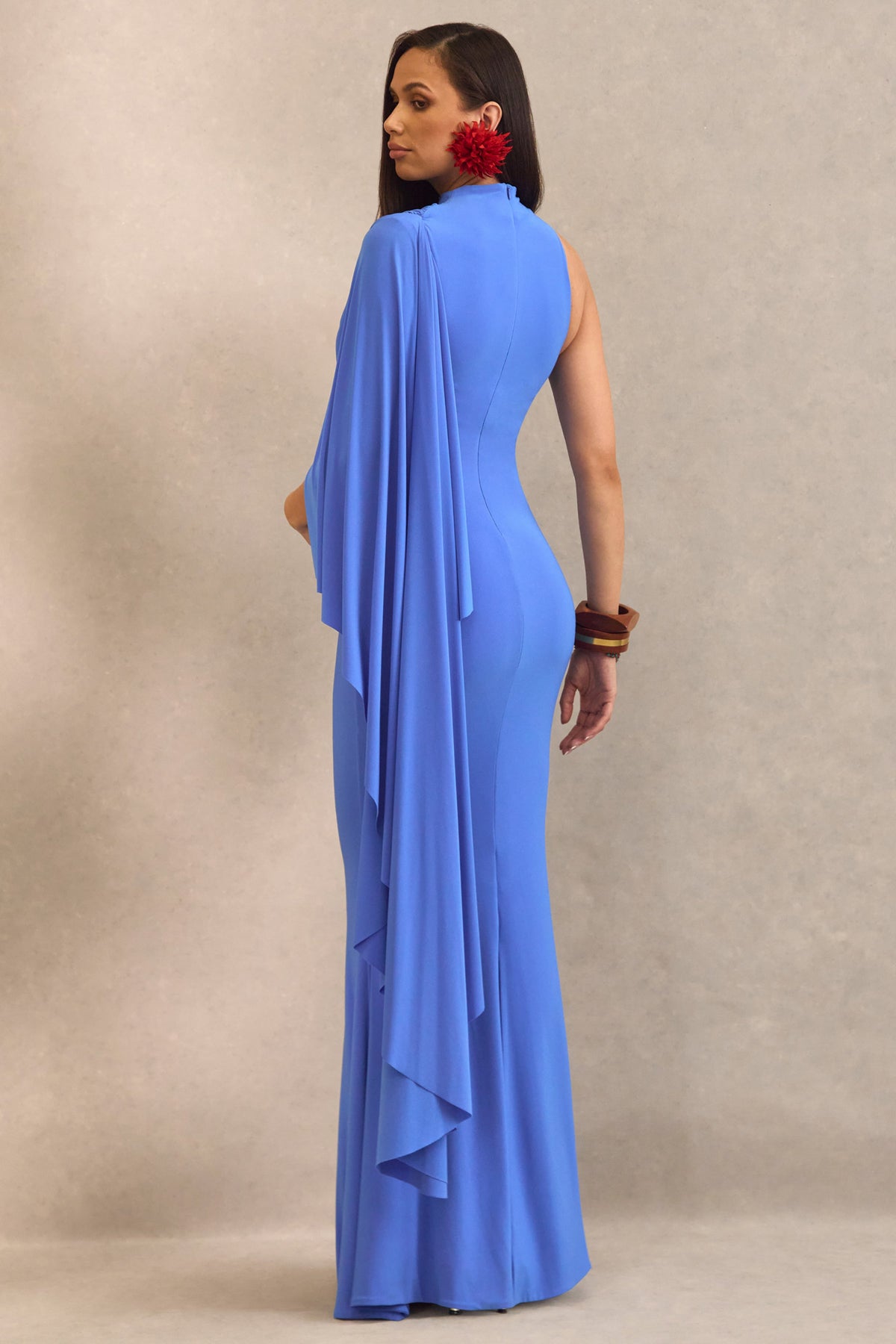 Azria | Blue Jersey High Neck One Sleeve Maternity Maxi Dress With Draped Detailing And Cape Sleeve