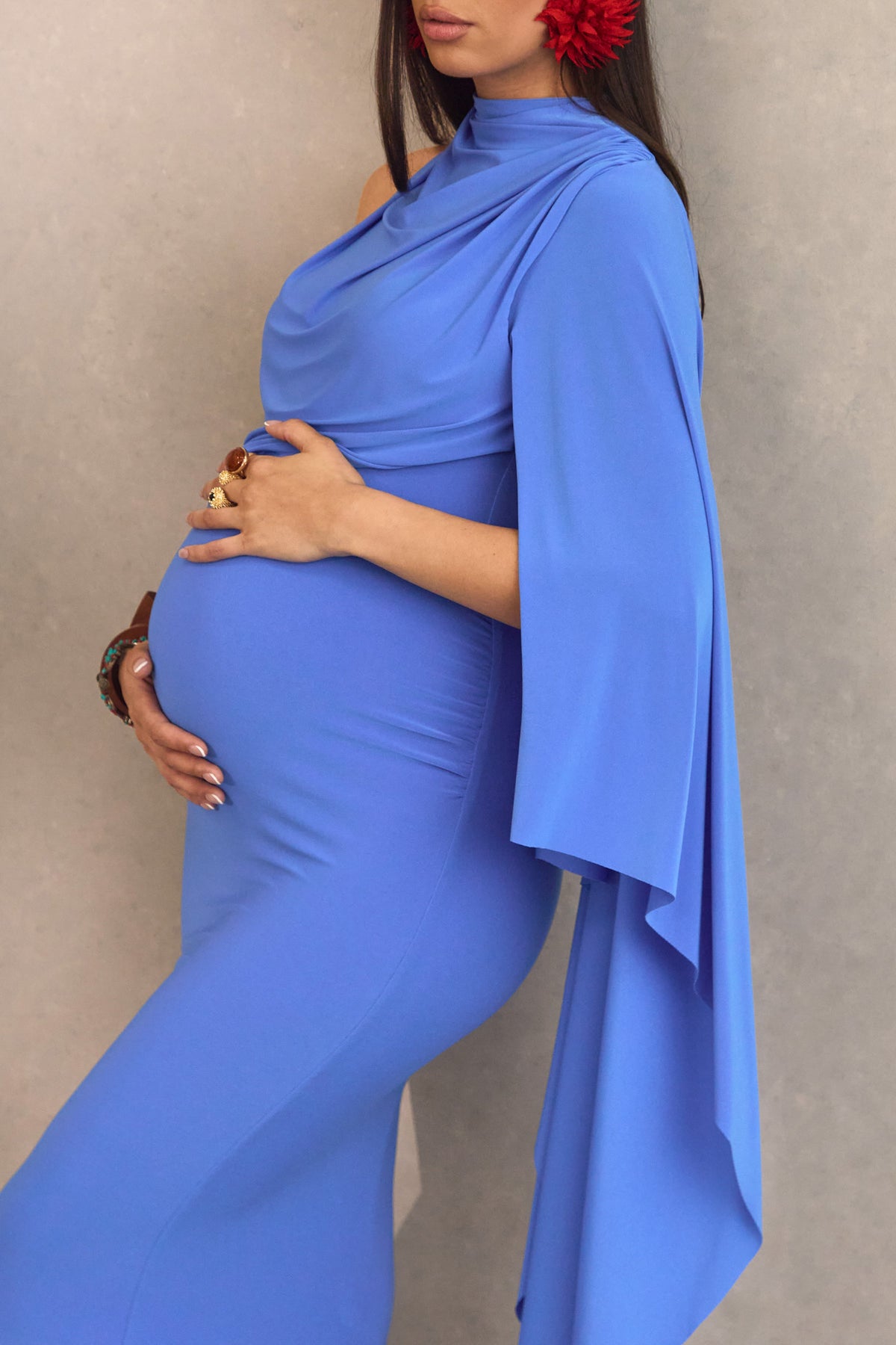 Azria | Blue Jersey High Neck One Sleeve Maternity Maxi Dress With Draped Detailing And Cape Sleeve