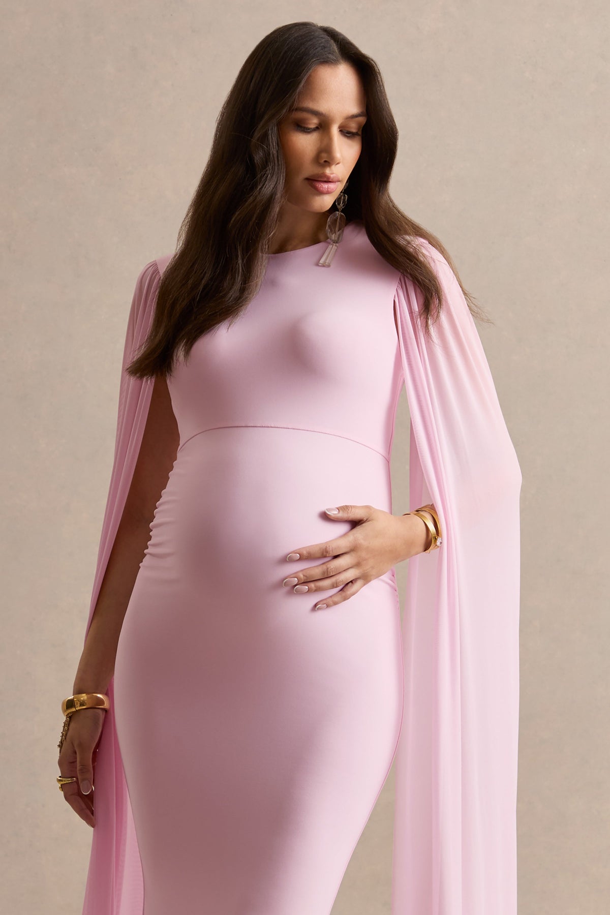 Calitheia | Light Pink Round-Neck Maternity Maxi Dress With Long Floaty Mesh Sleeves