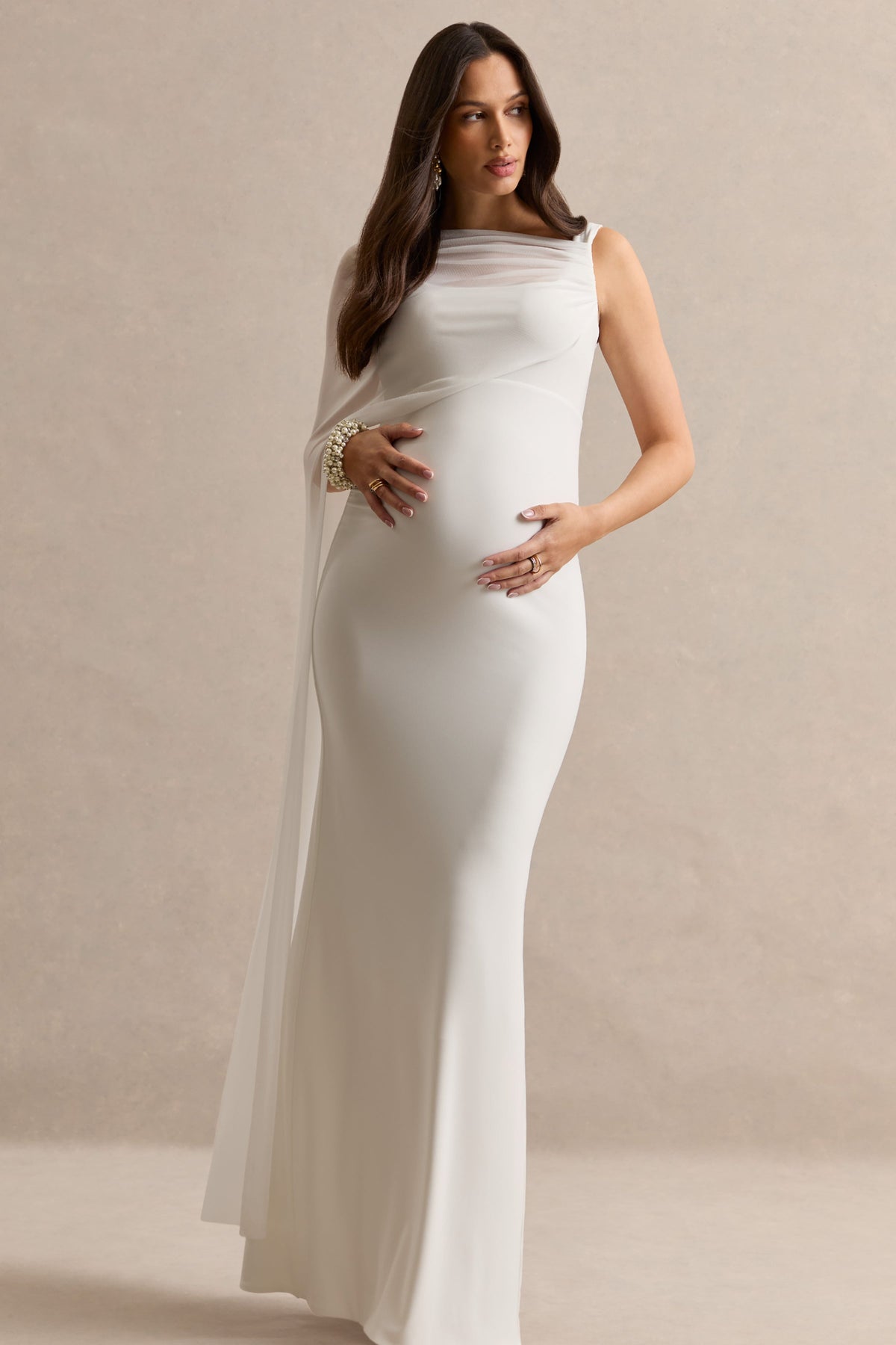 Camora | White Jersey One Shoulder Maternity Maxi Dress With Sheer Cape Sleeve